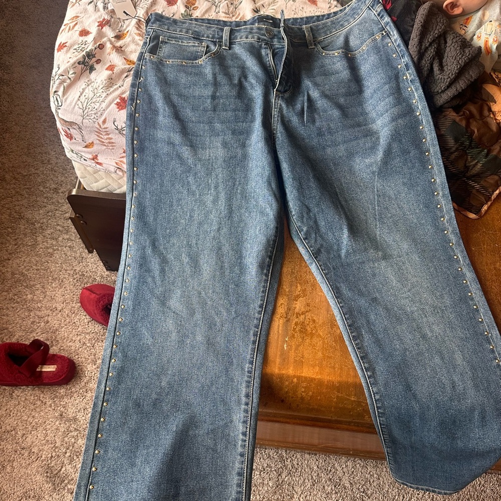 Express Light Blue Straight-Leg Jeans with Side Stud Trim